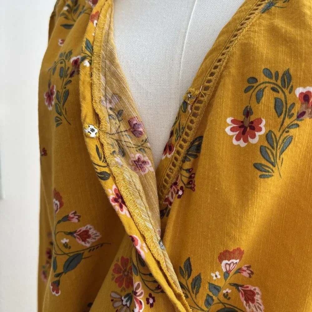 St Johns Bay Womens L Mustard Floral Blouse Surplice Smocked Hem Long Sleeve